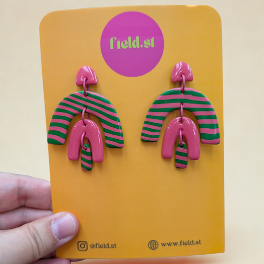 Multi arch earrings in pink and green stripes